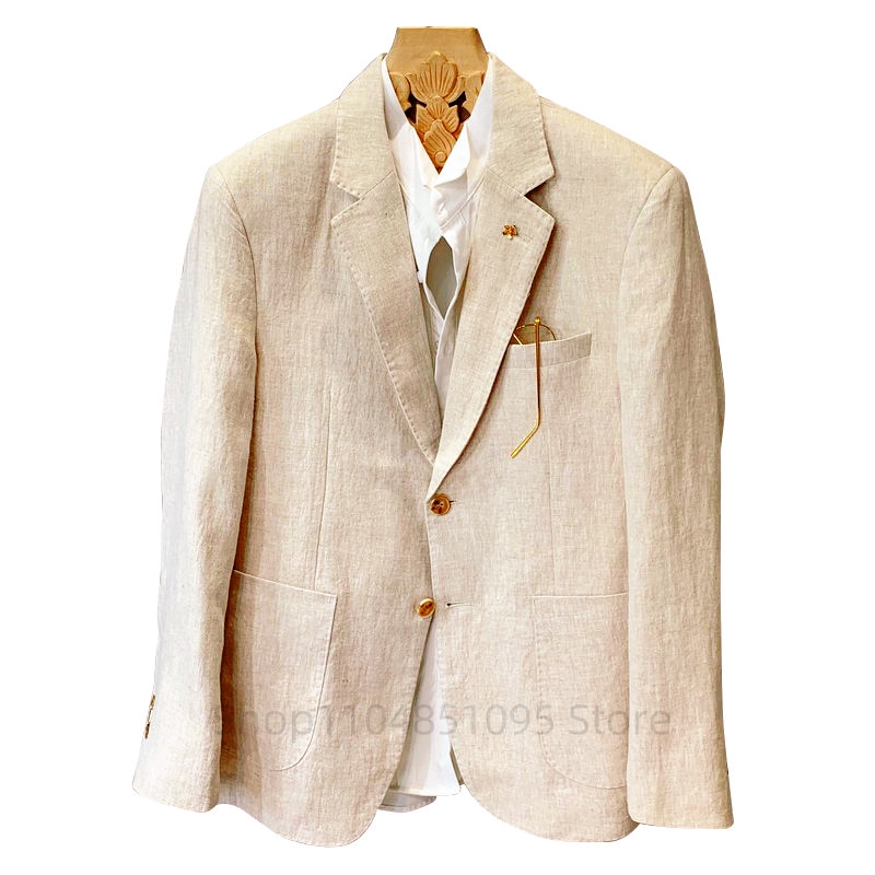 Men Formal Wear With Coat - Beiger Herrenanzug Leinen-Blazer Jacken Business Casual