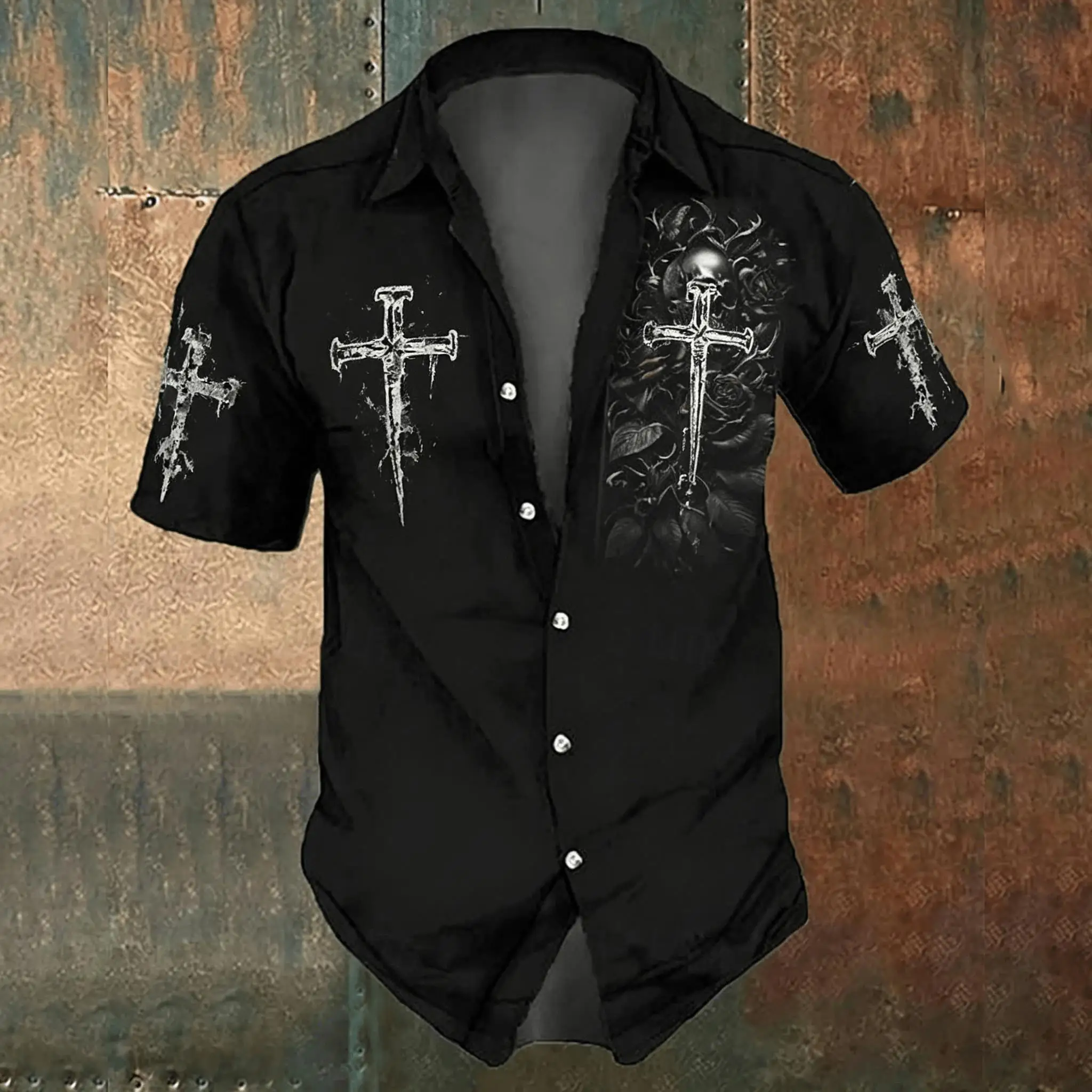 Men'S Gothic Formal Wear - Herren-Freizeithemd mit schwarzem Kreuzmuster, Gothic-Stil für