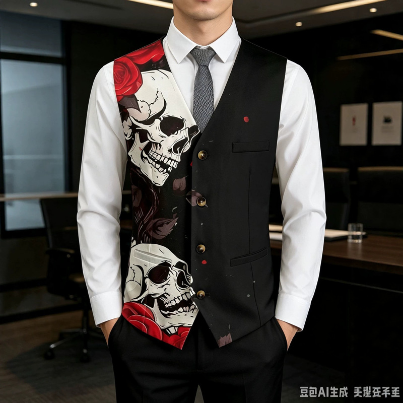 Men'S Gothic Formal Wear - Herren-Anzugweste, Trendige Coole Totenkopf-Rosen-Print Casual Außenweste,